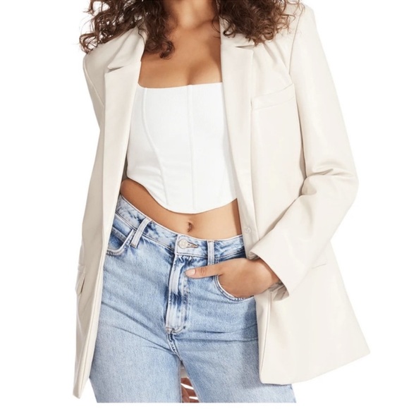 Steve Madden Faux Leather Blazer Oversize Boxy Retro 80s Cream Audrey Medium - Picture 1 of 7